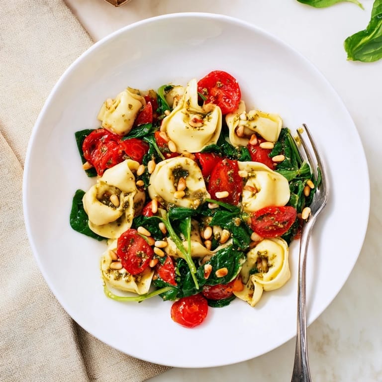 Colorful chilled Pesto Tortellini Salad served at room temperature, perfect for summer picnics or easy potluck dinners.