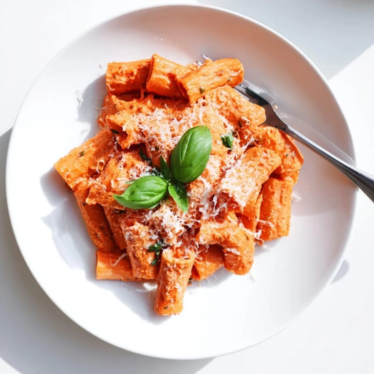 A close-up of creamy spicy rigatoni pasta with rigatoni tubes coated in a rich red sauce and herbs.  