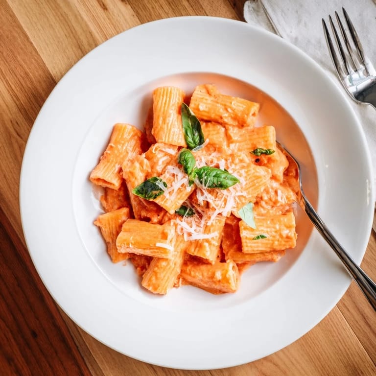 Spicy rigatoni pasta served in a white bowl, finished with chopped basil and grated Parmesan for a comforting meal.
