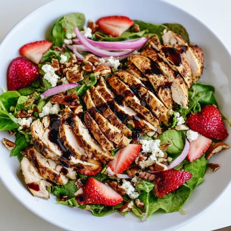 Perfectly plated Strawberry Balsamic Chicken Salad featuring tender grilled chicken, sweet strawberries, and a tangy balsamic drizzle, ideal for a healthy summer lunch.