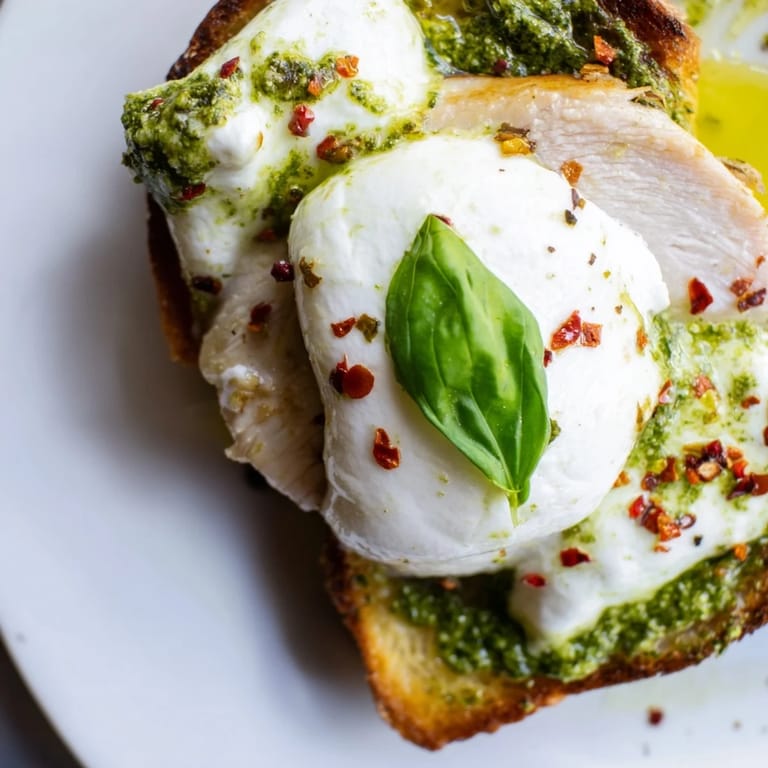 Sliced chicken and melted burrata cheese on pesto-coated toast, perfect for a light Italian-inspired lunch.