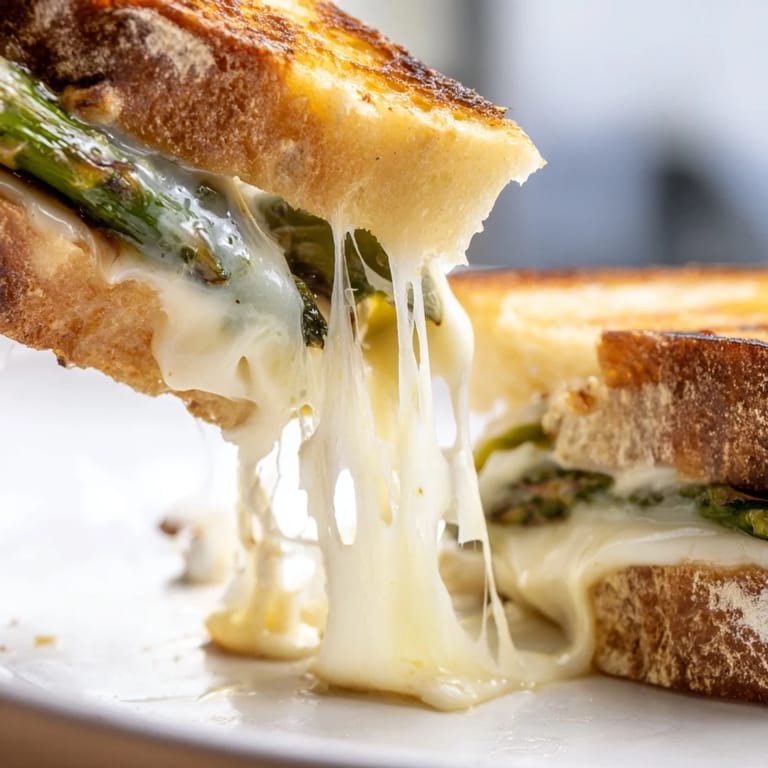 A close-up of the Asparagus & Brie Grilled Cheese, showing the creamy Brie melting between layers of buttery bread and fresh asparagus.
