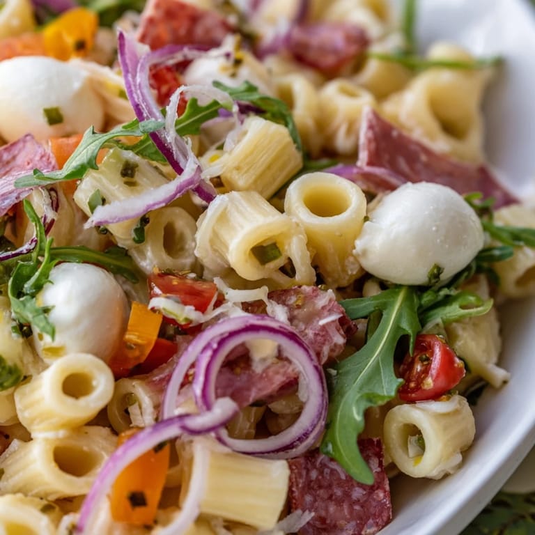 Fresh Spring Antipasto Pasta Salad in a white bowl, loaded with peppery arugula, salami, mozzarella, and pickled vegetables.