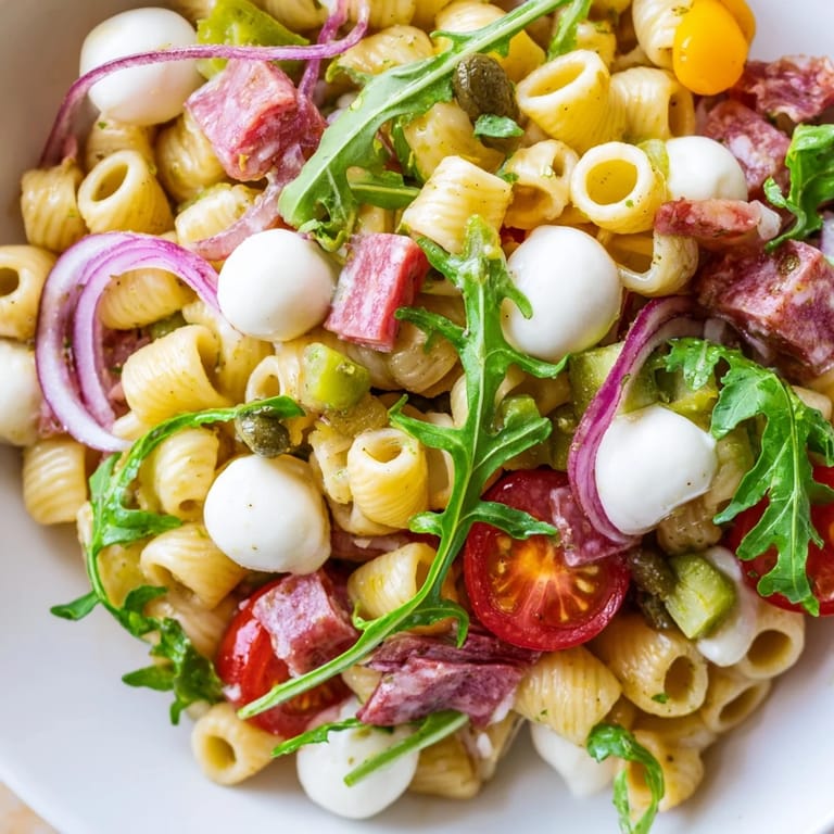 Close-up of Spring Antipasto Pasta Salad showing al dente ditalini, juicy cherry tomatoes, and tangy pickled giardiniera.
