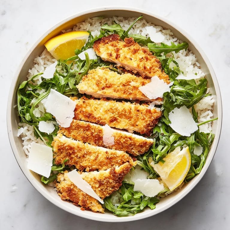 Savory Crispy Parmesan Chicken Cutlet Bowl garnished with parsley and extra Parmesan, ready for a delicious, light dinner.