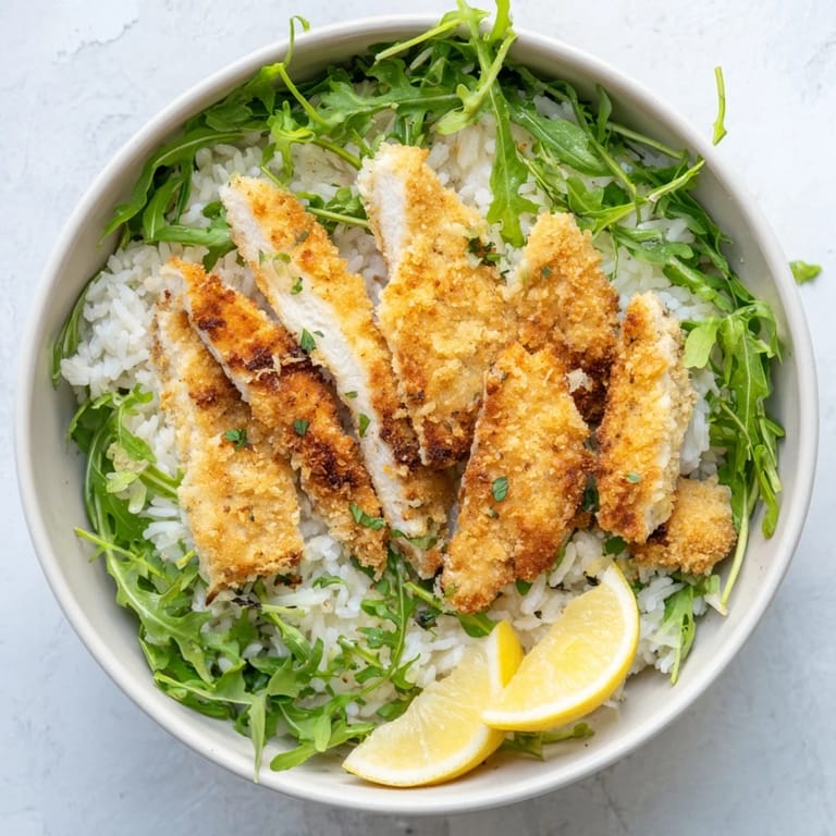 A close-up of a Crispy Parmesan Chicken Cutlet Bowl, featuring juicy sliced cutlets atop fluffy rice with a lemon wedge.