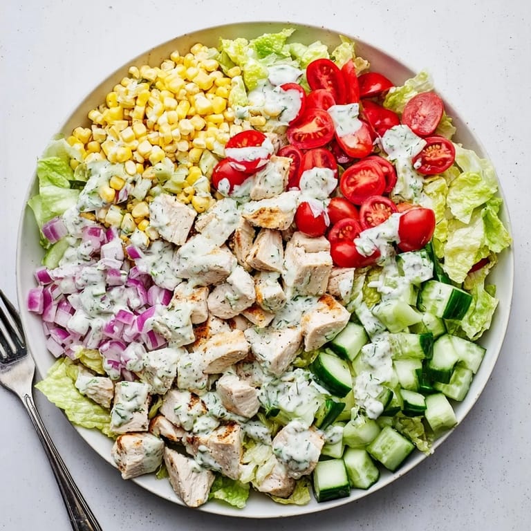 Colorful Ranch Chicken Chopped Salad tossed in creamy yogurt ranch dressing, served with a fork for a hearty lunch.
