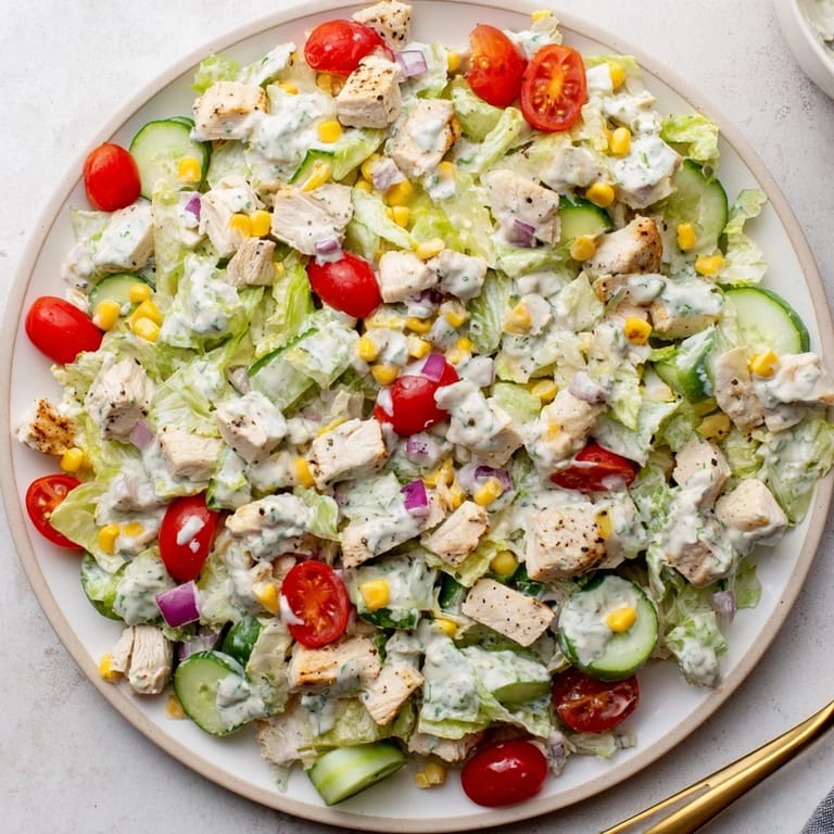 Overhead view of vibrant Ranch Chicken Chopped Salad with tender grilled chicken, sharp cheddar, cucumber, and fresh herbs.
