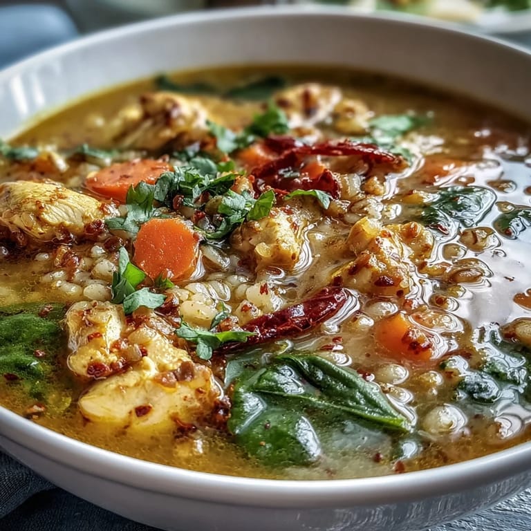 Vibrant, steamy bowl of turmeric chicken with tender pearl barley.