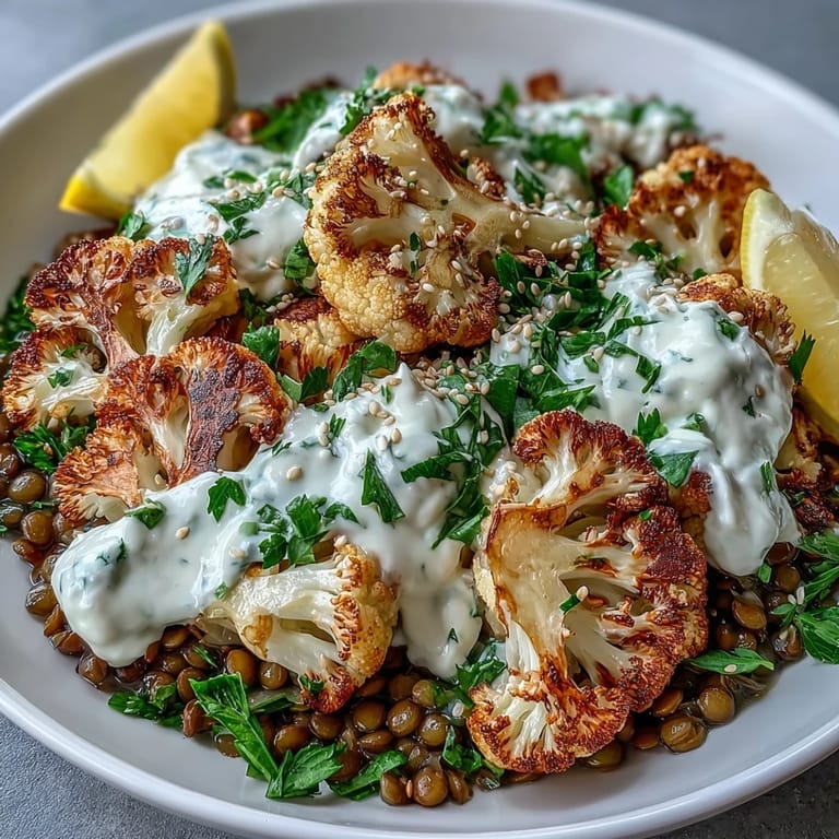 Vibrant Middle Eastern roasted cauliflower dish with bright lemon lentil salad.