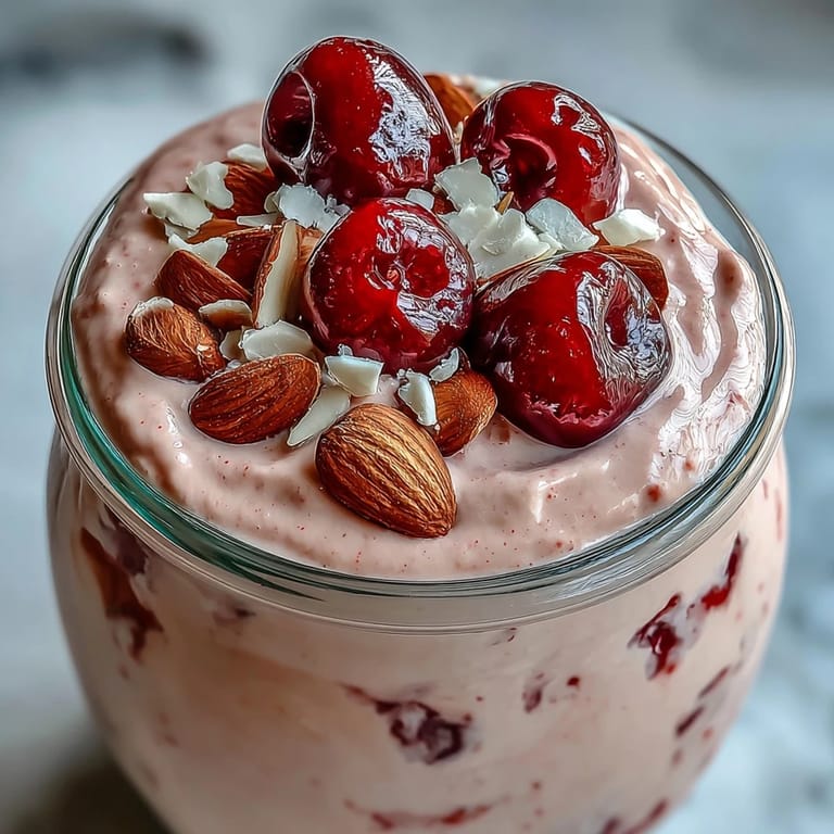 Sweet and nutty Cherry Almond Smoothie photographed in a tall glass.