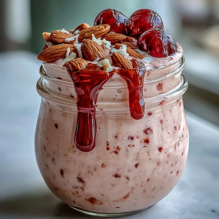 Fruity Cherry Almond Smoothie garnished with almonds, ideal for breakfast.