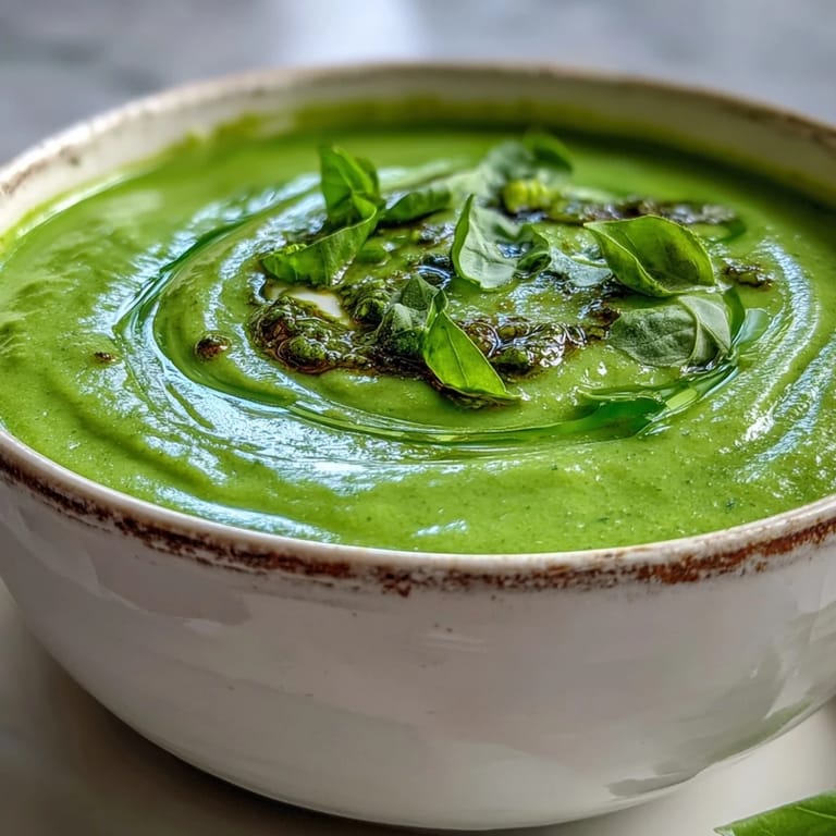 Hearty Courgette, Pea and Pesto Soup, bursting with fresh garden flavors.