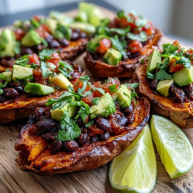 Hearty roasted sweet potatoes piled high with zesty chipotle black beans and salsa.