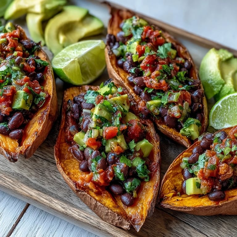 Flavorful sweet potatoes layered with chipotle black beans and bright zesty tomato salsa.