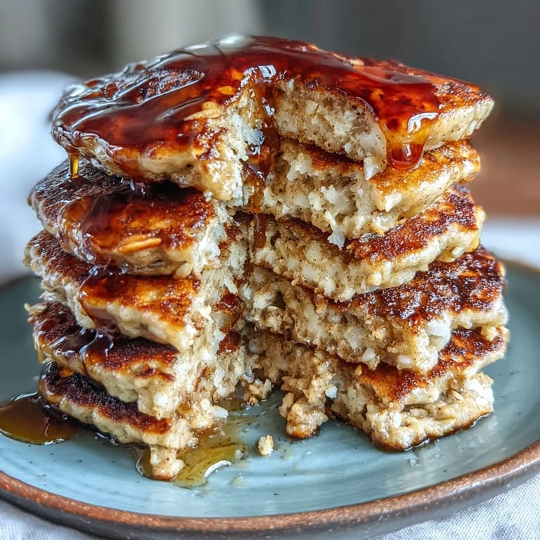 Golden brown banana oat pancakes sizzling on a griddle, a wholesome breakfast.