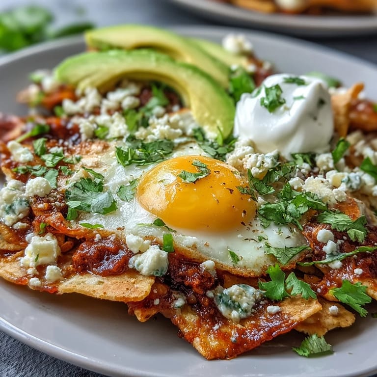 Vibrant chilaquiles topped with avocado and queso fresco, a flavorful Mexican morning meal.