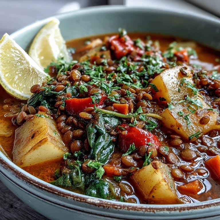 A comforting bowl of Vegetarian Lentil Stew topped with fresh parsley and lemon wedges.