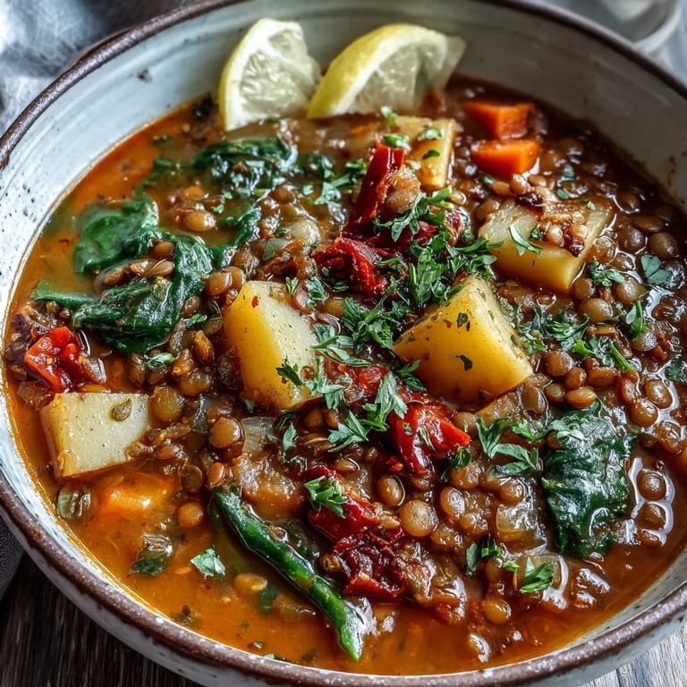 Diced potatoes and lentils in a rich Vegetarian Lentil Stew with a rustic spoon.