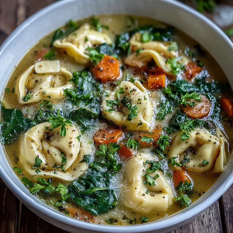 Hearty Easy Tortellini Soup with Chicken Broth features cheese tortellini, carrots, and wilted spinach in a creamy broth.