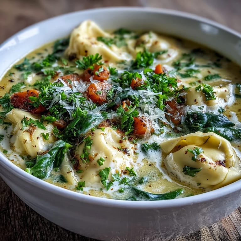 Spoons up: steaming Easy Tortellini Soup with Chicken Broth beside crusty bread and a napkin on a rustic table.