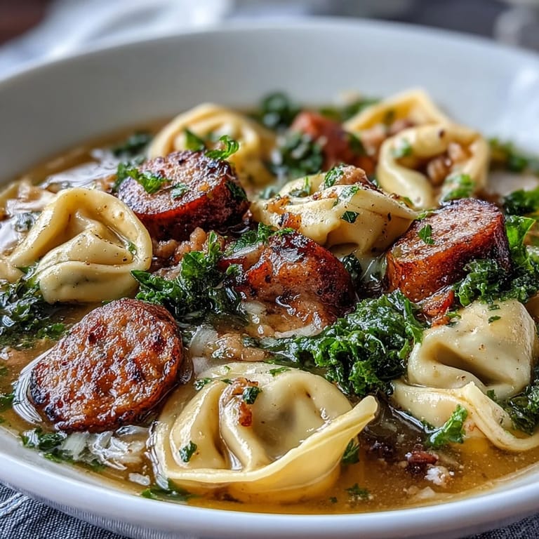 Rich Pumpkin Tortellini Soup ladle-ready with tender chicken sausage, kale, and a swirl of cream.
