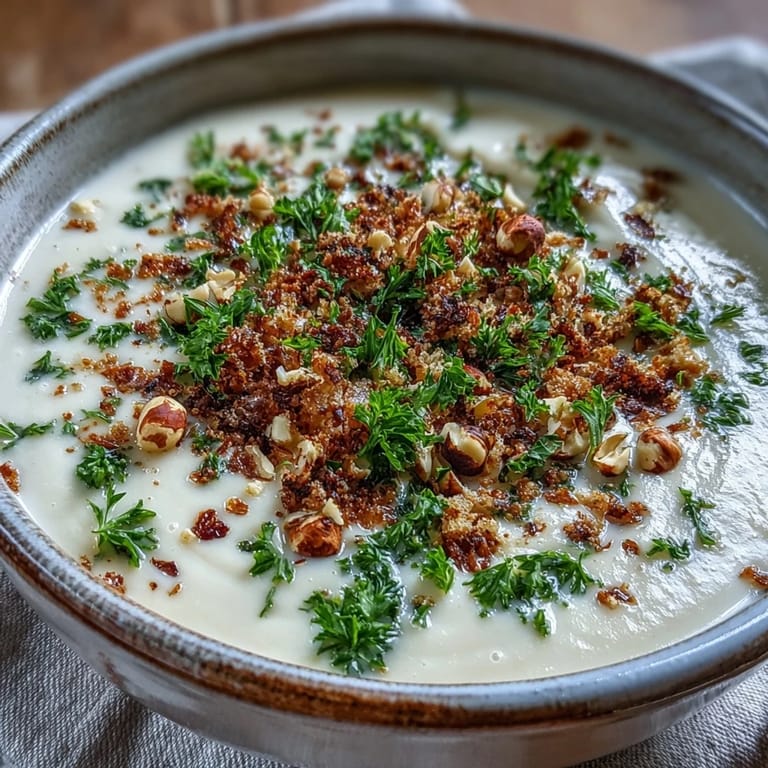 A spoon lifts velvety Celeriac Soup With Hazelnut Crumble, revealing the creamy, pale puree and toasted nut topping in a cozy kitchen.