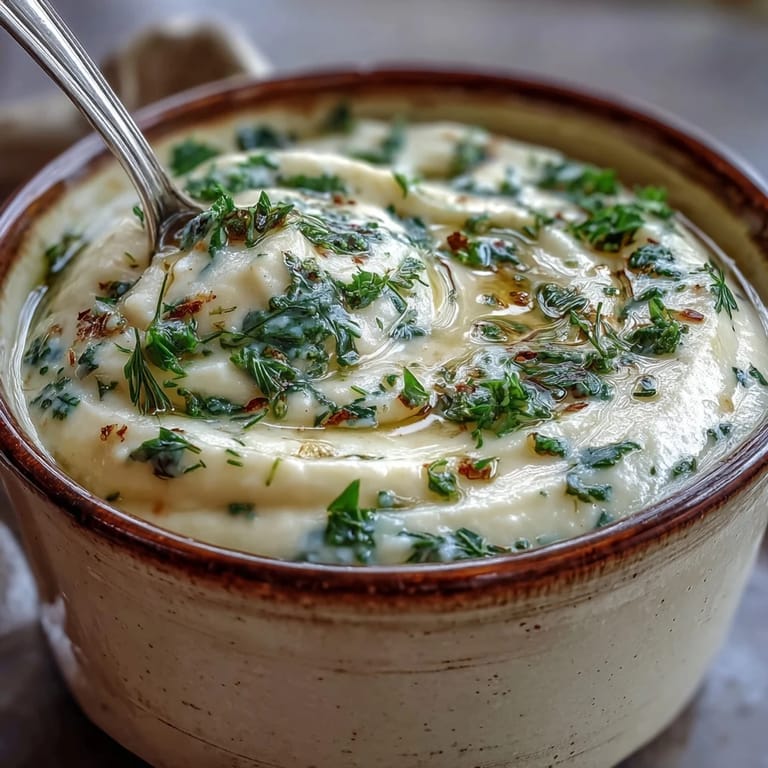 Parsnip and Herb Soup being poured into a rustic bowl with a swirl of cream.