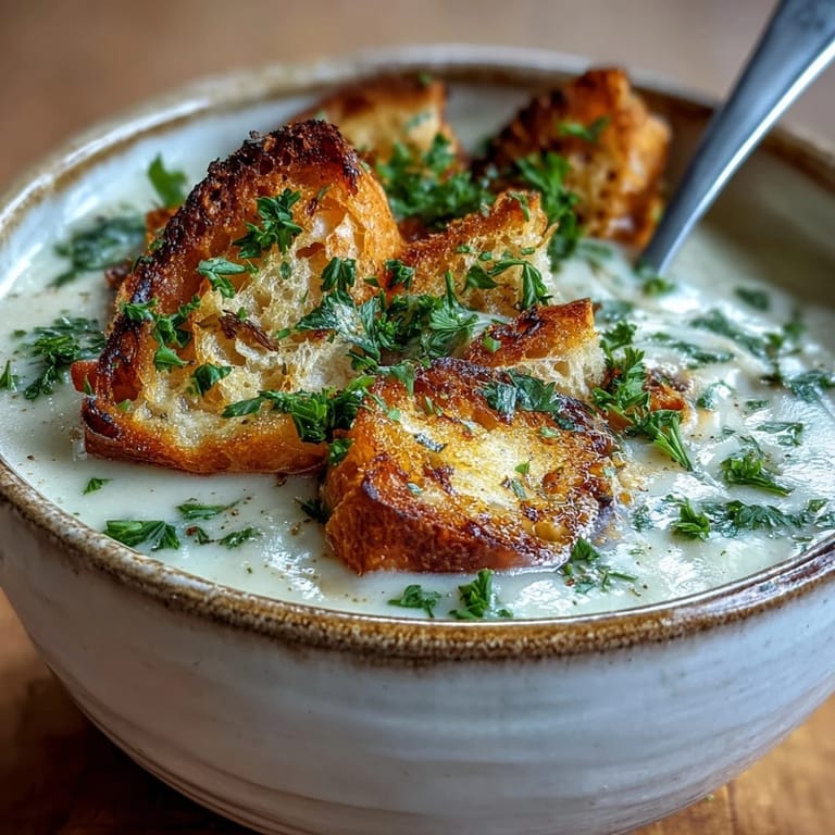 Golden roasted garlic soup in a white ceramic bowl, ready to enjoy with bread.