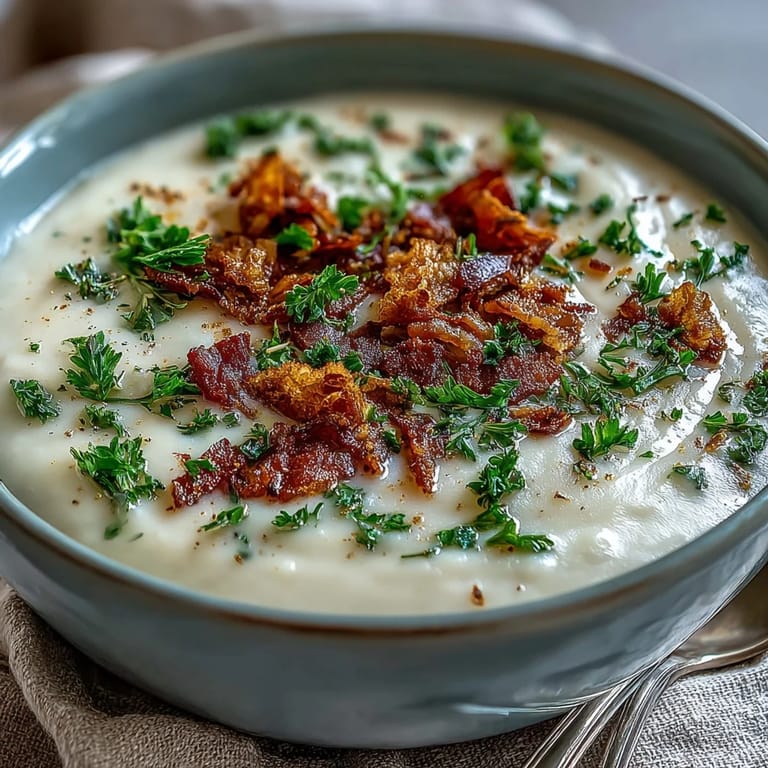 A bowl of Creamy Celeriac Soup with Crispy Bacon garnished with parsley beside a glass of white wine and crusty bread.