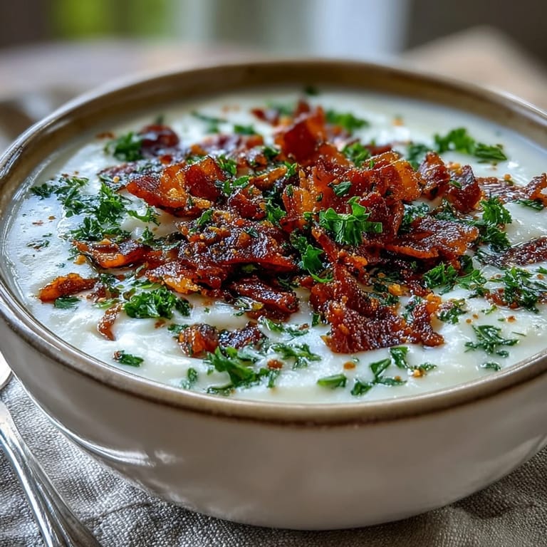 A close-up of Creamy Celeriac Soup with Crispy Bacon, highlighting velvety texture, bacon garnish, and a drizzle of cream.