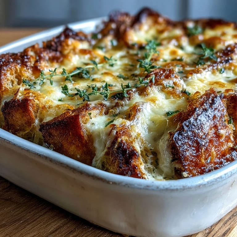 Slices of cheesy Croque Monsieur Casserole reveal layers of buttery bread and ham.