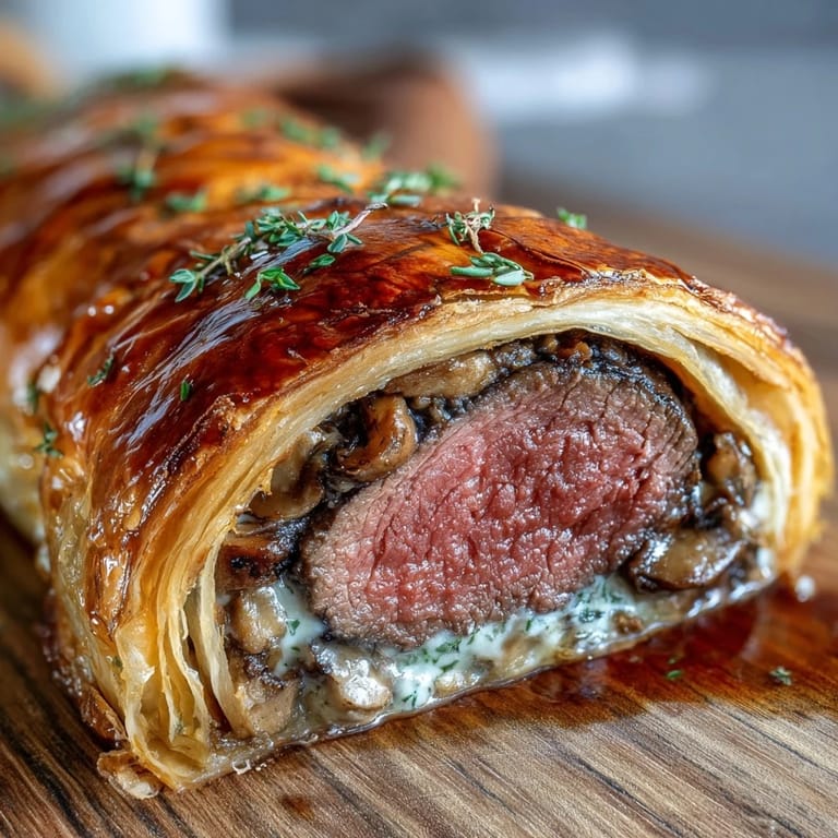 A plated slice of Beef Wellington shows its rich mushroom duxelles and prosciutto layers.