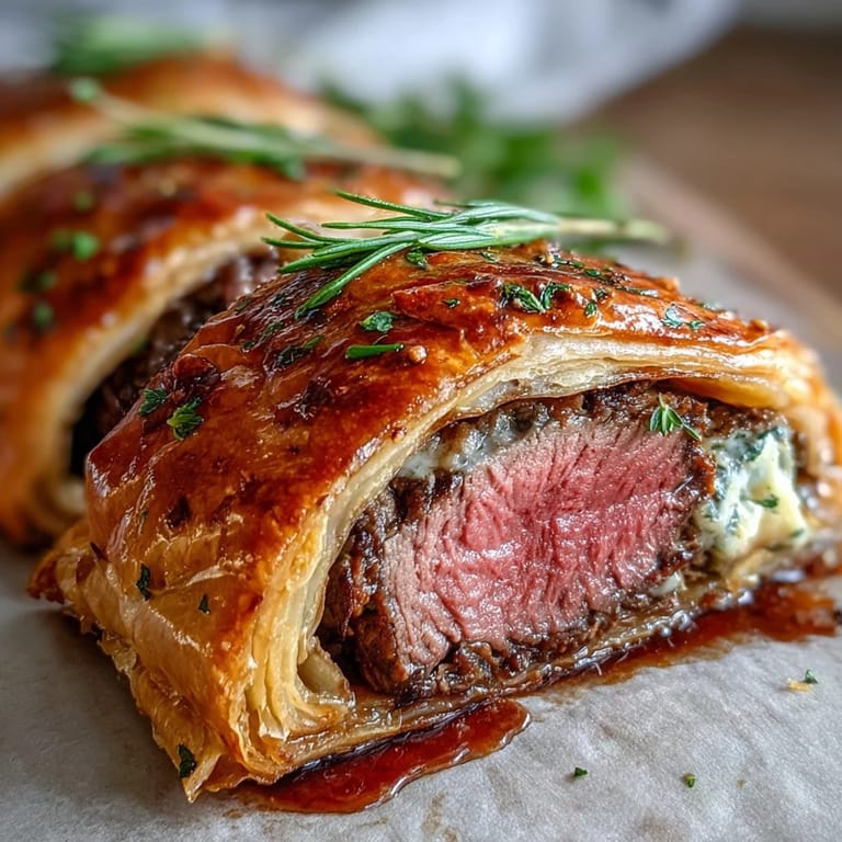 Perfectly baked Beef Wellington on a wooden board, ideal for a special occasion dinner.
