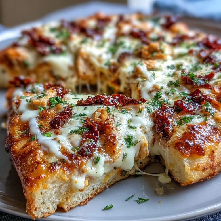 Sizzling, creamy chicken and sun-dried tomatoes top this golden Marry Me Chicken Pizza slice.
