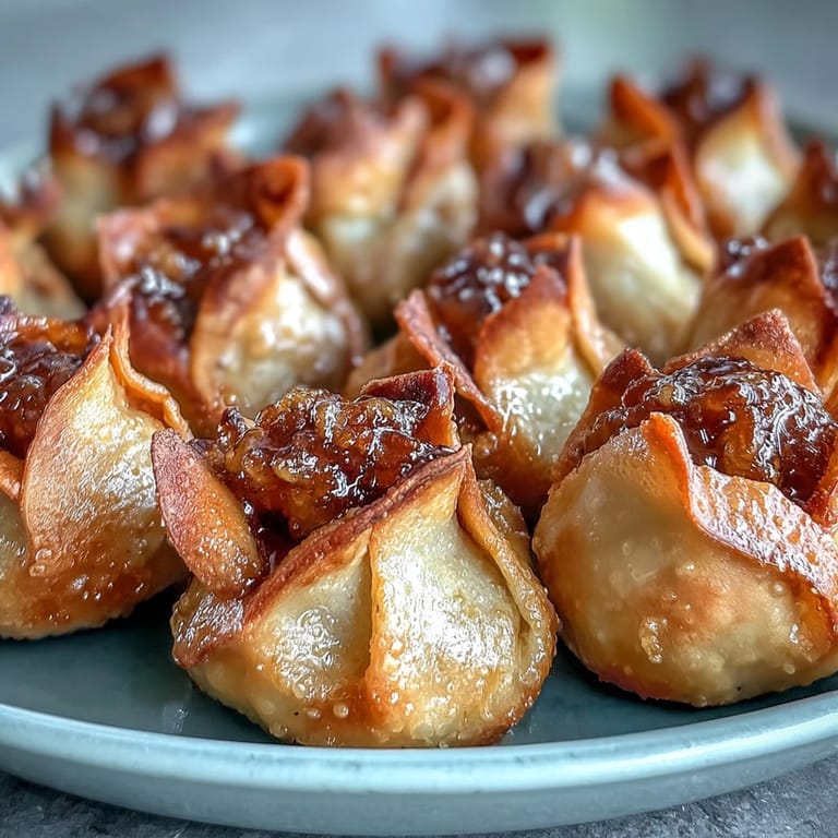 Four golden Smash Dumplings are ready to serve, arranged on a platter with chili oil and sesame seeds for dipping.