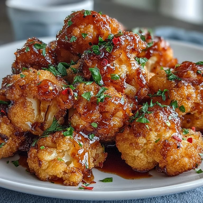 A close-up of Crunchy Baked Hot Honey Cauliflower bites with panko crust and red pepper flakes.