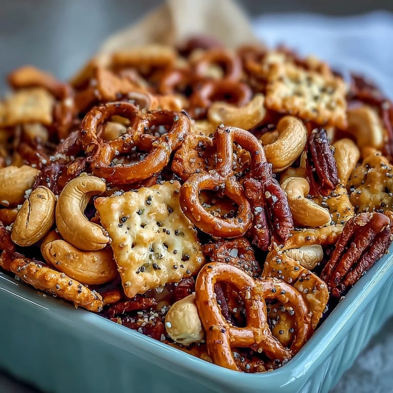 Freshly baked Everything Ranch Cheese and Pretzel Snack Mix ready to serve for a party or game day.