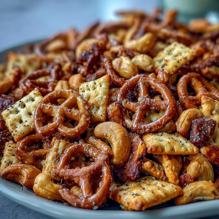 A close-up view of Everything Ranch Cheese and Pretzel Snack Mix highlights crunchy pretzels and cheesy crackers.