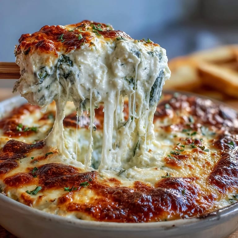 Creamy Spinach Artichoke Dip straight from the oven in a ceramic dish, paired with crisp white wine, carrot sticks, and warm bread for dipping.