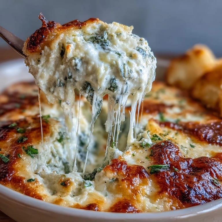 Fresh Spinach Artichoke Dip with golden-brown cheese crust, garnished with chopped spinach, artichoke hearts, and red pepper flakes, ready for party snacking.