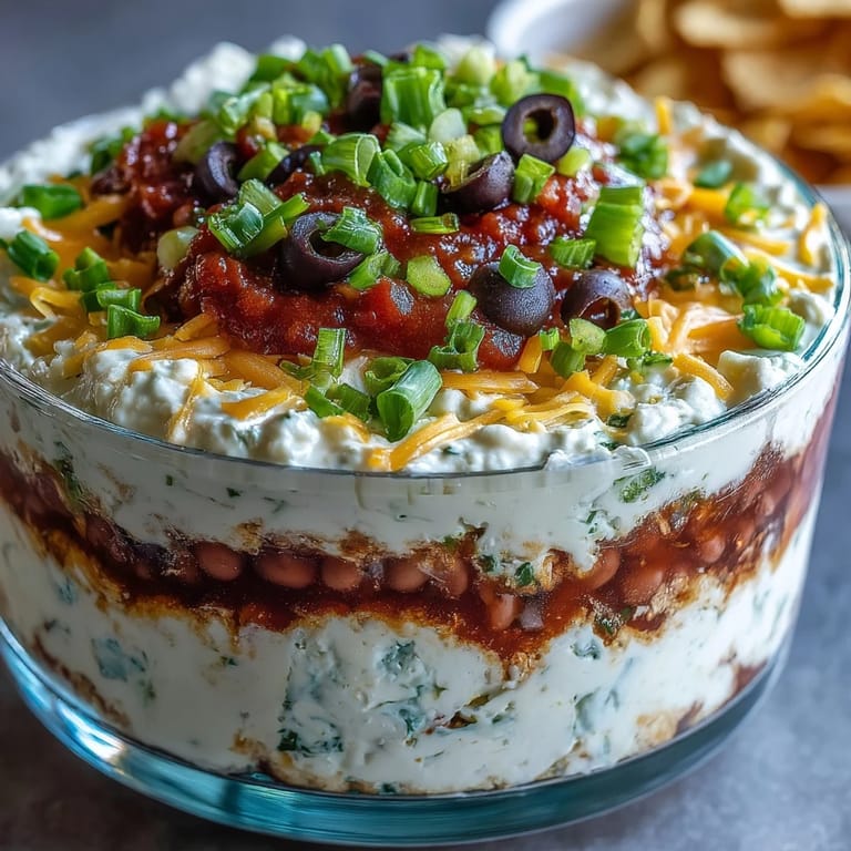 A close-up of the 4-Way Layered Dip, highlighting chunky salsa, cheddar, and fresh green onions on a party table.