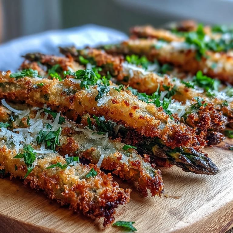 Baked Crispy Asparagus Asiago Spears garnished with fresh parsley, highlighted on a rustic wooden board for a vegetarian dinner side.