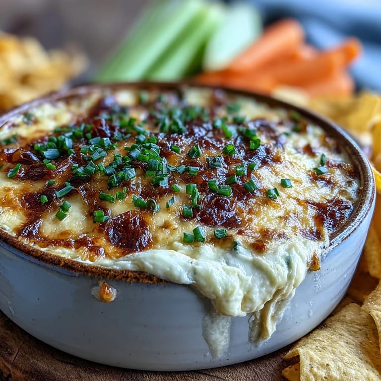 Creamy Smoked Gouda & Onion Dip in a baking dish, paired with crunchy tortilla chips ready for scooping at a party.