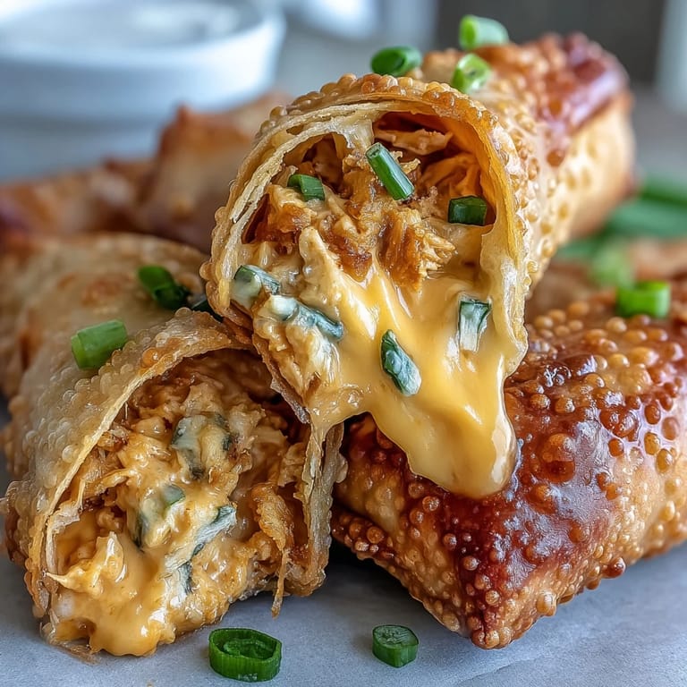 Freshly fried egg rolls reveal a creamy, spicy Buffalo chicken dip filling with melty cheddar and bright green onions inside.