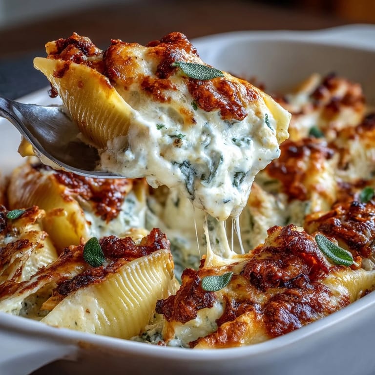 Fresh sage garnishes rich Pumpkin & Gouda Stuffed Shells in a creamy brown butter Alfredo sauce, ready to serve.