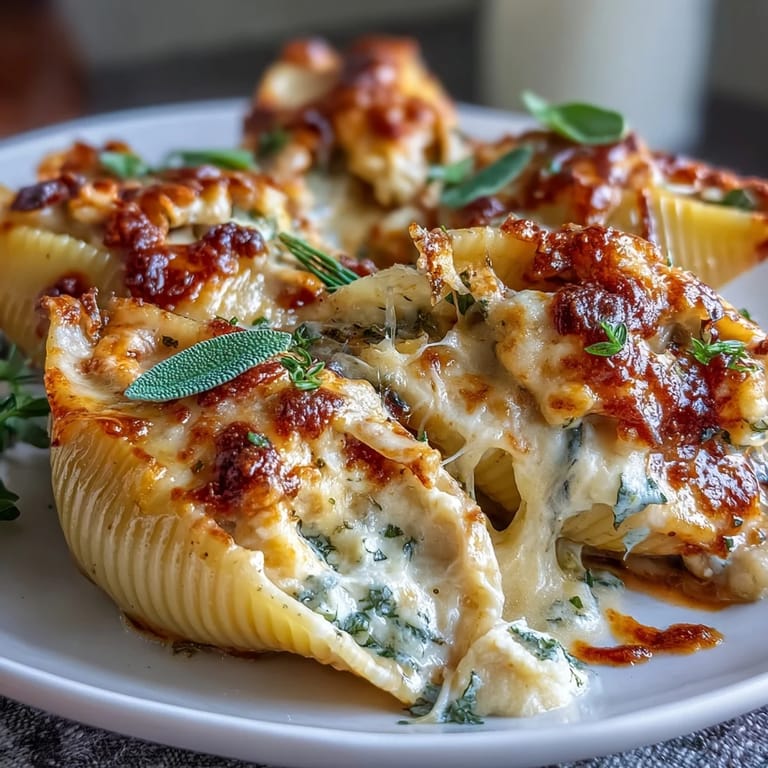 Close-up of jumbo shells filled with pumpkin and smoked Gouda, baked in nutty brown butter Alfredo sauce.