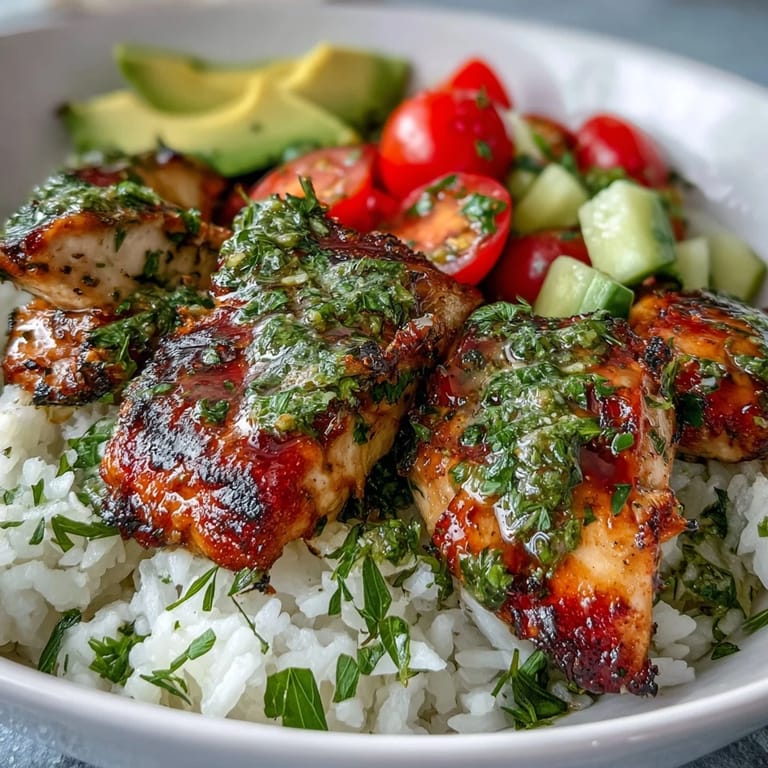 Juicy marinated chicken bowls feature zesty herb sauce drizzled over colorful veggies for a gluten-free meal.