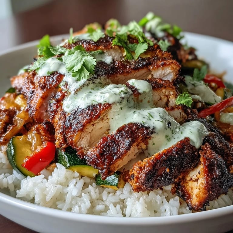 Sizzling Blackened Chicken Bowl plated with tender chicken over steamed rice, vibrant mixed vegetables, creamy lime drizzle, and fresh cilantro leaves ready to eat.