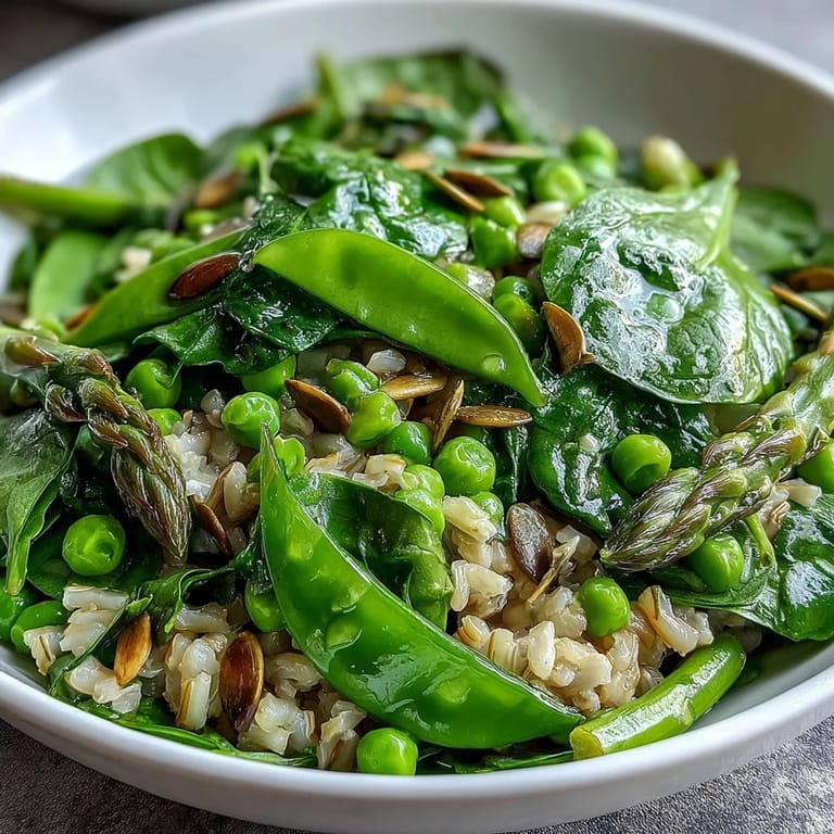 Close-up of a Spring Green Bowl showing glistening lemon dressing, fluffy grains, and bright, crisp vegetables.